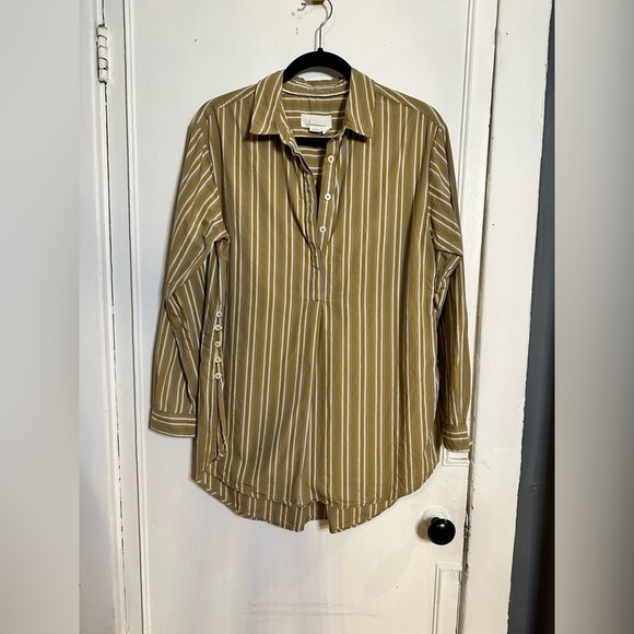 Anthropologie long sleeve button up shirt-small olive green striped - Picture 1 of 4